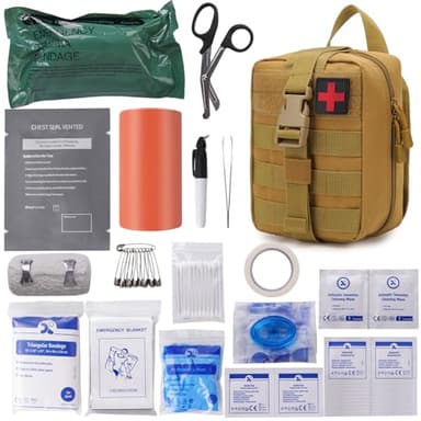 IFAK Trauma First Aid Kit Molle Pouches Emergency Survival Kit for Tactical Military Car Travel Hiking Camping with Vented Chest Seal, Israeli Bandage, Splint, Thermal Blanket, Gloves