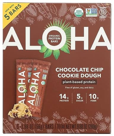 ALOHA Organic Plant Based Protein Bars, Chocolate Chip Cookie Dough, 1.98-Ounce Bars, (Pack of 5)