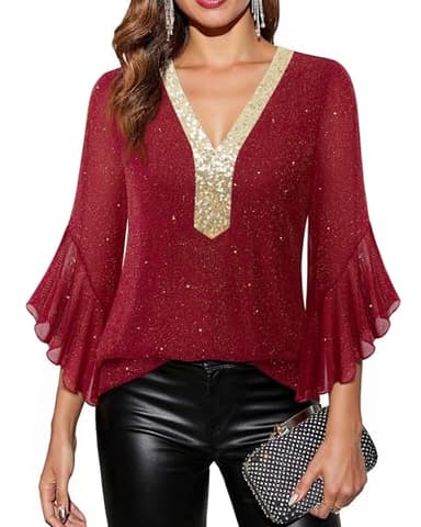 Timeson Sparkly Tops for Women: 3/4 Length Sleeve Christmas Outfits — Blouses for Women Dressy Casual — Plus Size Fall Shirts Fashion 2025 Sequin Night Out Clothes Holiday Party Fancy Evening Red XL
