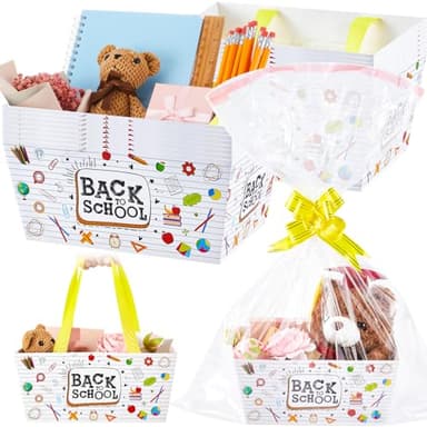 Moinchore 12 Pcs Back to School Basket for Gifts Empty 9.8x6.5'' Market Tray Cardboard Basket with Bow, Cellophane Bag, Twist Tile, Empty to Fill for 100 Day of School Holiday Birthday Wedding Party