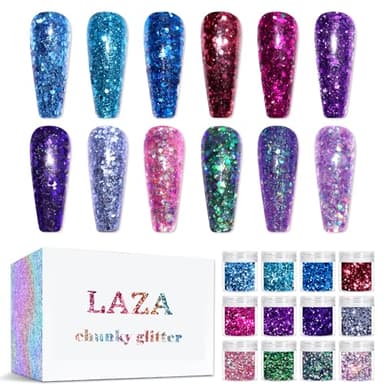 Laza 12 Colors Glitter Nail Art Acrylic Nails Powder Mixed Sequins Iridescent Flakes Ultra-Thin Paillette Sparkles Tips Chunky Box 120g for Face Eyes Body Hair Crafts Tumblers - Mermaid Princess
