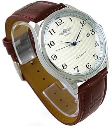 MASTOP Men's Classic Automatic Mechanical Day Calendar Luxury Leather Band Watch (Brown)