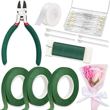 PAXCOO Floral Tape and Wire, Florist Tape and Flower Wire Arrangement Kit with White Ribbon, Boutonniere Pin, Cutter for Bouquets, Crafts, Wreath Making (Dark Green)