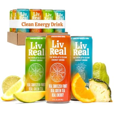 LivReal Clean Energy Drink – Organic Green Tea Caffeine 125mg + L-Theanine 100mg – Real Fruit, No Sweeteners or Flavorings – Vitamin C & B Complex – Sparkling Variety Pack Water – 12 Pack, 12 fl oz
