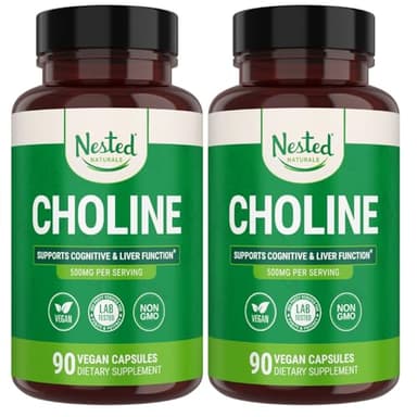 Nested Naturals Choline Bitartrate 500mg - High Potency Choline Supplements - Supports Maternal & Fetal Health During Pregnancy* - 100% Vegan & Non-GMO - 2-Pack (180 Vegan Capsules)