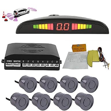 TOTMOX Car Reverse Parking Radar System 8 Reversing Sensors Kit with Front and Rear Alarm Buzzer Reminder LED Display Safe Driving, Car Parking Sensor, White