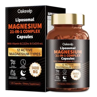 21 in 1 Liposomal 12 Active Types Magnesium Complex 1400mg (Glycinate,Citrate,Malate etc) Capsule -with Vitamin D3, B6, B12, Ashwagandha & CoQ10 for Adult-Support Relaxation,Muscle & Heart