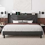 Feonase King Size Upholstered Bed Frame with Charging Station, Modern Bed Frame with Wingback Storage Headboard, No Box Spring Needed, Noise-Free, Charcoal Gray