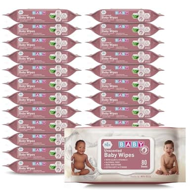 MED PRIDE Unscented Baby Wipes, 24 Pack (80 Wipes Each), Aloe & Vitamin E, Alcohol Free & Paraben Free, Soft & Strong Sensitive Baby Wet Wipes with Resealable Lid