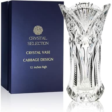 CS Crystal Vase 12-inch high, Cabbage Design, for Flowers & Decor. Lovely Nice Shiny Piece. Perfect as a Gift, Suitable for All Occasions