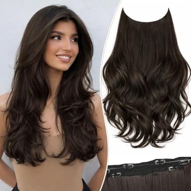 Kurope Layered Halo Hair Extensions with Invisible Wire Dark Brown Hair Extensions with 6 Secure Clips 20 Inches Long Wavy Layered Synthetic Hair Extensions for Women Daily and Party Use