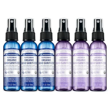 Dr. Bronner's Organic Hand Sanitizer Spray Variety Pack Travel Size Bulk, Simple & Effective Formula, Scented, No Harsh Chemicals - Lavender & Peppermint, 2oz (6-Pack)