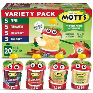 Mott's No Sugar Added Applesauce Variety Pack, 4 Flavors – Apple, Strawberry, Cinnamon & Blueberry, Made from Real Fruit, No Artificial Flavors, 3.2 Clear Pouches, 20 Pack