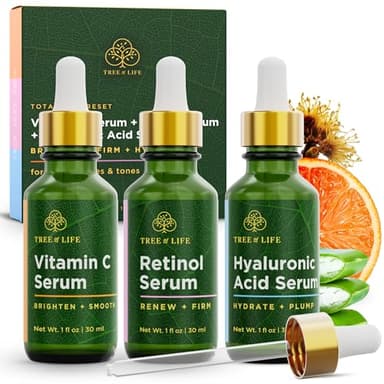 Tree of Life Beauty Facial Skin Care Set, Firming, Hydrating, Dry Face, Dermatologist Tested - Trio Power Kit, Vitamin C, Retinol and Hyaluronic Acid, 3 count of 1 Fl Oz