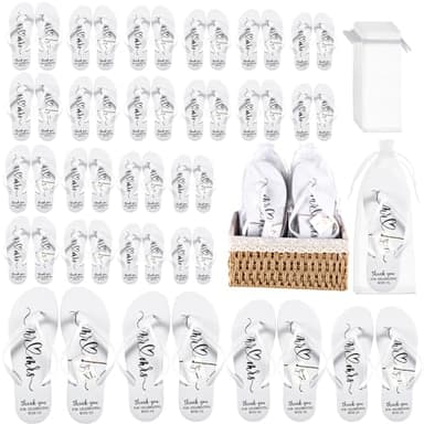 Breathffy 24 Pairs Wedding Flip Flops Bulk Slippers Flip Flops Women Wedding Sandals with Size Cards Drawstring Bags (White)