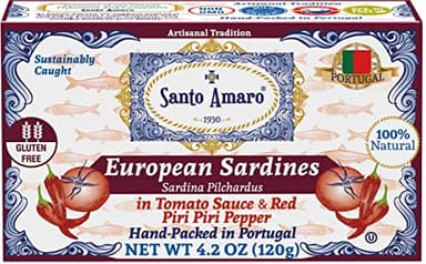 Santo Amaro - Authentic European Sardines in Tomato Sauce & Red Piri Piri Pepper, Hand-Packed Canned Sardines in Spicy Sauce from Portugal, Portuguese Sardines, Low Mercury, 23g Protein, Pack of 12