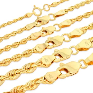 Nuragold 14K Real Yellow Gold Rope Diamond Cut Chain Lightweight Necklace 16"-30" (1.5mm-4mm) Italian Jewelry for Men & Women - 22",3mm