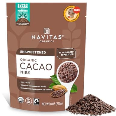 Navitas Organics Cacao Nibs – Unsweetened Dark Chocolate Crunch – Antioxidants, Minerals, Fiber – For Trail Mix, Baking & More – USDA Organic, Fairtrade, Non GMO, Gluten Free, Non-alkalized (8oz. Bag 76 Servings)