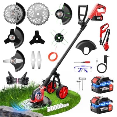6000mAh Electric Weed Eater Battery Powered,12″ Brushless Electric Weed Wacker Cordless Wheeled String Trimmer,4 in 1 Grass Trimmer/Brush Cutter/Grass Edger/Weed Trimmer 5 Blade, 2 Battery (Red)