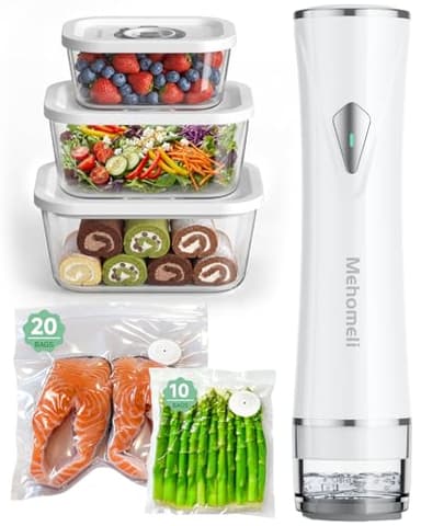 Mehomeli Compact Vacuum Sealer for Food (Vacuum Sealer Machine+3 Glass Vacuum Containers+30 Reusable Vacuum Bags),Powerful Handheld Vacuum Seal Machine,Seal Meal Saver,Portable Food Sealer,Easy-Clean