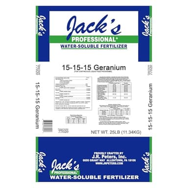 Jack's Professional 15-15-15 Geranium Water-Soluble Fertilizer with Micronutrients for Root Growth and Bud Set in Geraniums Grown in Continuous Liquid Feed Programs, 25lbs