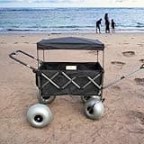 WONDERCAMEL Beach Wagon with Big Wheels for Sand, 13'' Balloon Wheel, Collapsible Cart with All Terrain Inflatable Tires (Black) (Removable Canopy)