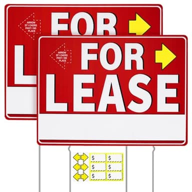 Decorniqu 2 Pack For Lease Sign with Stakes 17" x 13" Double-Sided Yard Signs with Arrow Stickers Pricing Stickers Now Leasing Signs for Commercial Real Estate Weather-Proof