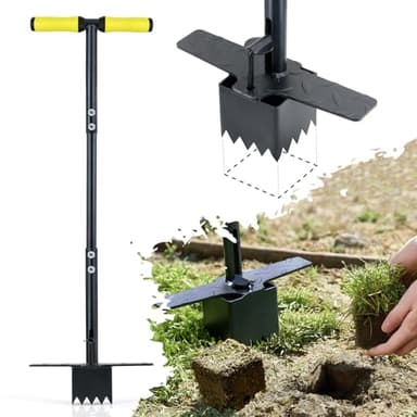 Colwelt Sod Plugger Tool 36-INCH, Grass Plug Tool 3 x 3 Square with Serrated Base, Long Handle Bulb Planter Tool with Dual Pedals & Easy Foot Ejector, Sod Turf Cutter for Lawn Planting Grass Repair