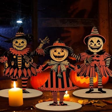 WinnerWhy 3 Pcs 9 x 6 Inch Vintage Halloween Table Decor Farmhouse Pumpkin Ghost Wooden Centerpiece Signs Retro Rustic Halloween Table Decorations for Home Tabletop Indoor Holiday Party