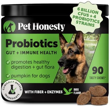 Pet Honesty Probiotics for Dogs for Occasional Diarrhea & Bowel Support, Digestive Enzymes with Prebiotics for Gut Health for Dogs, Immunity Health & Itch Relief (Duck 90 ct)
