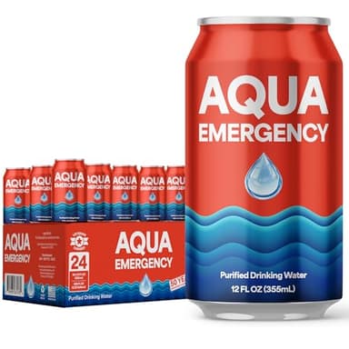 Aqua Emergency Drinking Canned Water- (24 Cans) 12 fl Oz (50 Years) Shelf Life for Everyday Hydration, Emergency, Survival Use-Purified via Reverse Osmosis | Plant-Based, BPA Free, Eco-Friendly Packaging, Made in USA-1 Case