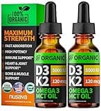 (2 Pack) Organic Vitamin D3 K2 Drops with MCT Oil, Omega 3, 5000 IU - Vitamin D Liquid, No Fillers, Non-GMO D3 for Body’s Defenses and Faster Absorption, Unflavored, 2 Fl Oz