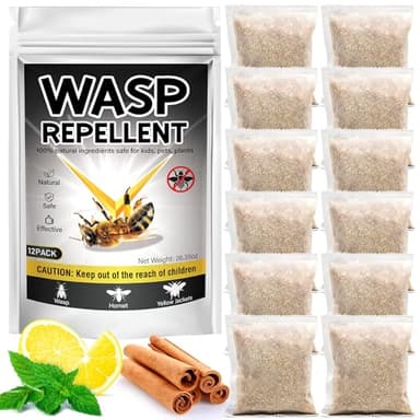 12 Pack Wasp Repellent Pouches, Natural Peppermint Oil Bee Bug Rodent for Indoor & Outdoor Home Kitchen, Natural Pest Control, Pet and Kids Safety, Repels Bee, Yellowjacket, Hornet, Wasp, Mud Dauber