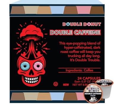 Double Donut Coffee High Caffeine Coffee Pods, Extra Strong Double Caffeine Coffee Cups for Keurig K Cup Brewer Machines Single Serve Dark Roast Coffee, 24 Count