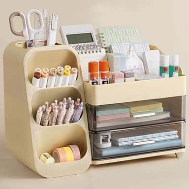 HBlife Desk Organizer with Pen Pencil Holder for Desk, Pen Organizer with 2 Drawers, Desk Organizers and Accessories with 4 Compartments, Desktop Storage for Office Home School Art Supplies, Beige