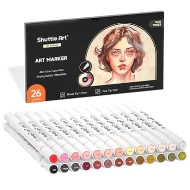 Shuttle Art 26 Colors Skin Tone&Hair Art Markers, Dual Tip Alcohol Based Flesh-Color Marker Pen Set Contains 1 Blender Perfect for Kids & Adults Portrait,Comic, Anime, Manga, Illustration
