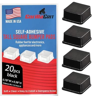 Black Tall Square Adhesive Rubber Bumper Pads - Made in USA – Rubber Feet for Speakers, Electronics, Furniture, Appliances, Audio Equipment - 20 Pieces