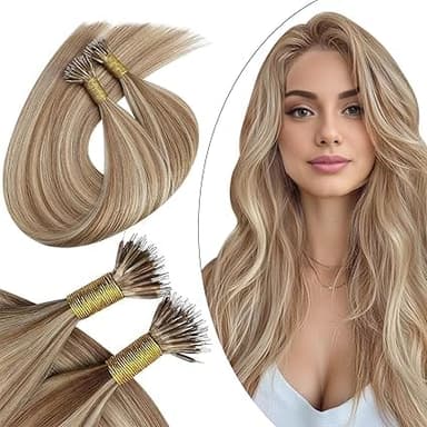 Ugeat Nano Bead Hair Extensions Human Hair Highlights Nano Ring Hair Extensions Light Brown Highlight Bleach Blonde Nano Bead Human Hair Long Lasting 50g 50s 16 Inch