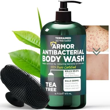 Antibacterial Body Wash with Tea Tree Oil | Antibacterial Soap for Men & Women | Kills 99.9% of Germs & Bacteria | Helps with Back Acne, Body Odor & Skin Irritation | Includes Scrubber 16 fl oz