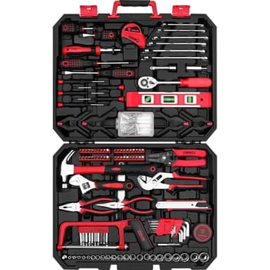 DEKOPRO Tool Set:228 Piece Home Tool Kit, Household Basic Repair Tool Set Comes with Plastic Storage Case, Socket Wrench Set for Car-Red