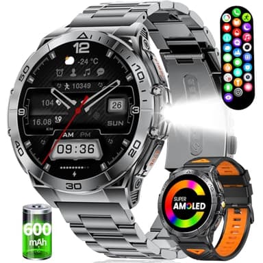 Smart Watches for Men with Flashlight,1.6" AMOLED Always on Display Outdoor Sports Smartwatch with 111 Sports modes ,Heart Rate/Sleep Monitor IP68 Waterproof Fitness Tracker for Android iOS,2 Straps