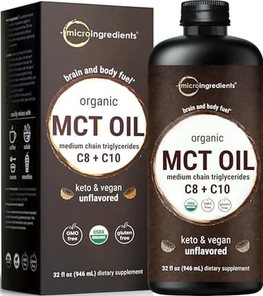 MCT Oil Organic, 32 fl oz |100% Virgin Coconut with C8 + C10 Fatty Acids | Great for Coffee or Dressings | Unflavored, Keto, Vegan