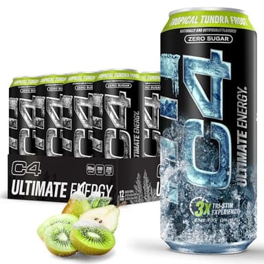 C4 Ultimate Frost Zero Sugar Energy Drink, Tri-Stim Experience with 300mg Caffeine + TeaCrine + Dynamine, Tropical Tundra Frost, 16oz (Pack of 12)