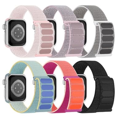 6 Pack Sport Nylon Loop Band Compatible with Apple Watch Band 38mm 40mm 41mm 42mm 44mm 45mm 46mm 49mm for Women Men, Adjustable Breathable Braided Straps for iWatch Series 11/10/9/8/7/6/5/4/3/SE/Ultra
