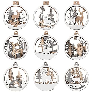 Unittype 9 Pieces Wooden Ornaments Hollow Farmhouse Rustic 3D Glitter Reindeer Hanging Decorations for Xmas Winter Holiday Decorations Gift Tags