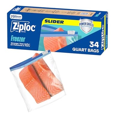 Ziploc Food Storage Quart Freezer Slider Bags, Power Shield Technology for More Durability, 34 count