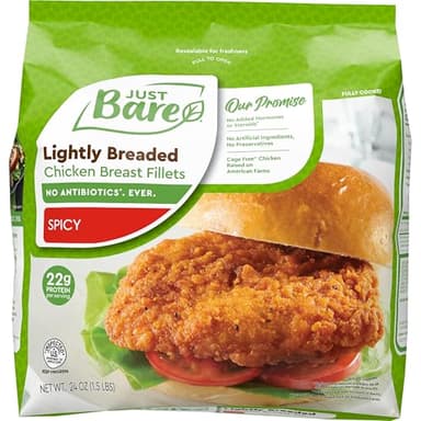Just Bare Chicken Lightly Breaded Spicy Breast Fillets | Fully Cooked |22 G Protein | Frozen |1.50 LB