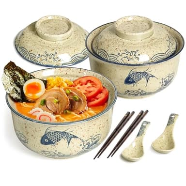 Niturceal Ceramic Ramen Bowl Set of 2, Ramen Noodle Bowl with Lid 27oz Japanese Retro Style Soup, Pho, Udon Bowls, Matching Spoons and Chopsticks for Microwave & Dishwasher Safe, Fish