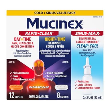 Mucinex Rapid+Clear Maximum Strength Day & Night Cold and Flu Medicine for Adults (20 caplets) + Sinus Pressure Relief Nasal Spray (0.75 oz), Over-The-Counter Medication Combo Pack for Symptom Relief