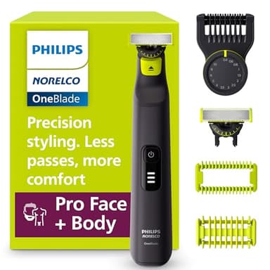 Philips Norelco OneBlade Pro 360 Face + Body Electric Shaver, Beard Trimmer and Groomer, with 360 Blade Technology, 14-Length Precision Comb, Body Kit, Soft Pouch, Model QP6542/70